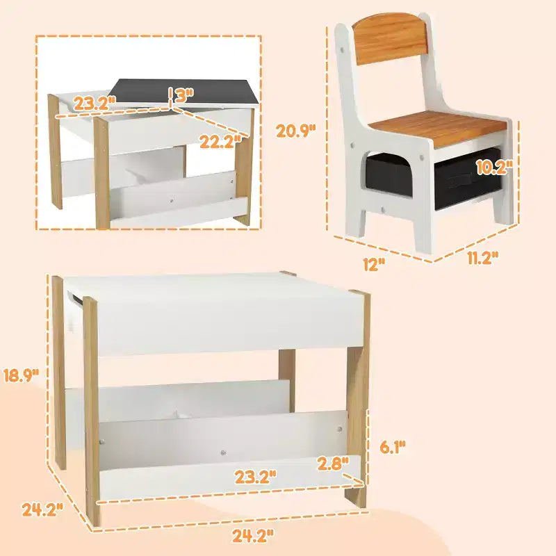 Whisen 3 Piece Kids Table and Chair Set with Tabletop Blackboard, Storage & Bookshelves, Perfect Gift for Kids
