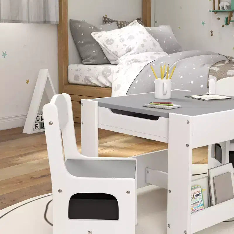 Whisen 3 Piece Kids Table and Chair Set with Tabletop Blackboard, Storage & Bookshelves, Perfect Gift for Kids