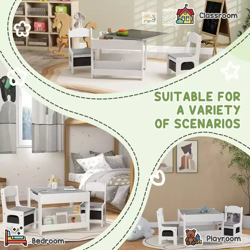 Whisen 3 Piece Kids Table and Chair Set with Tabletop Blackboard, Storage & Bookshelves, Perfect Gift for Kids
