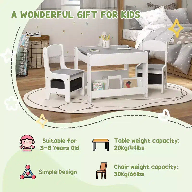 Whisen 3 Piece Kids Table and Chair Set with Tabletop Blackboard, Storage & Bookshelves, Perfect Gift for Kids