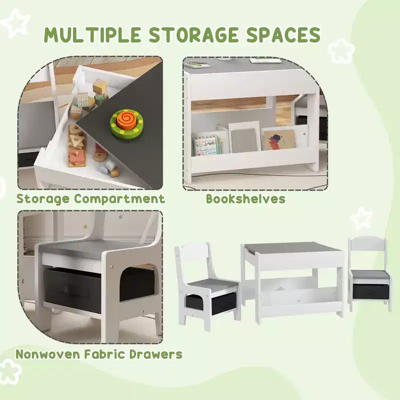Whisen 3 Piece Kids Table and Chair Set with Tabletop Blackboard, Storage & Bookshelves, Perfect Gift for Kids