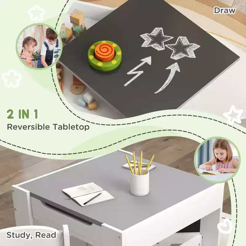 Whisen 3 Piece Kids Table and Chair Set with Tabletop Blackboard, Storage & Bookshelves, Perfect Gift for Kids