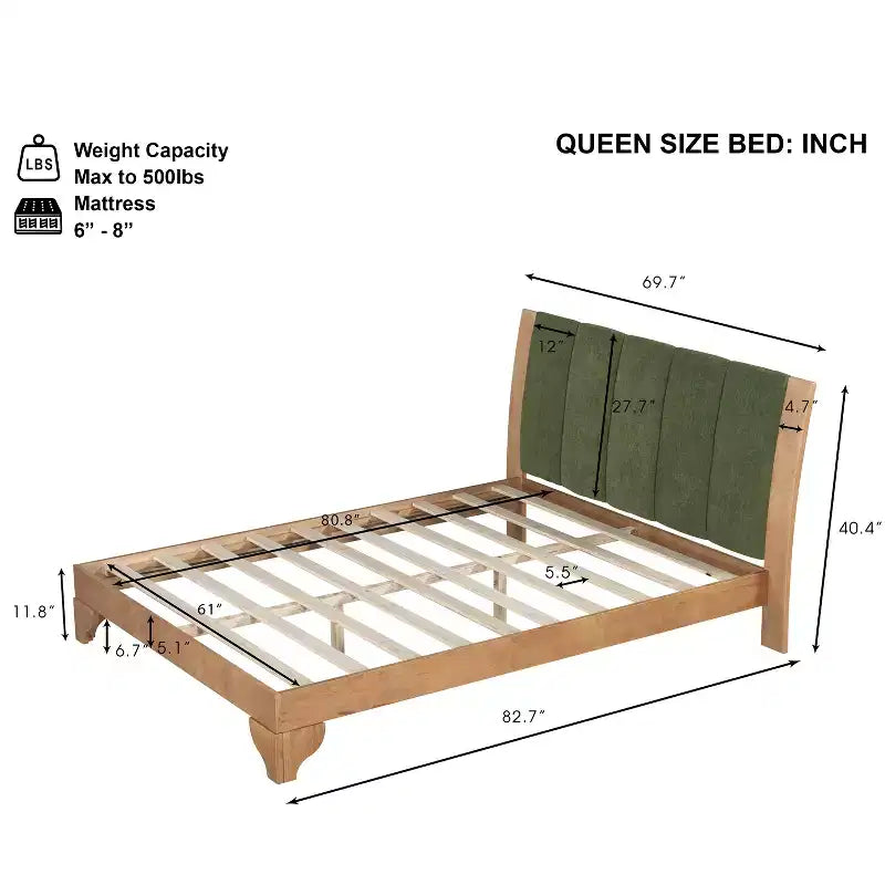 King/Queen Bed Frame with Headboard, Mid Century Modern Platform Bed, Premium Pine Wood Bed Frame - ModernLuxe