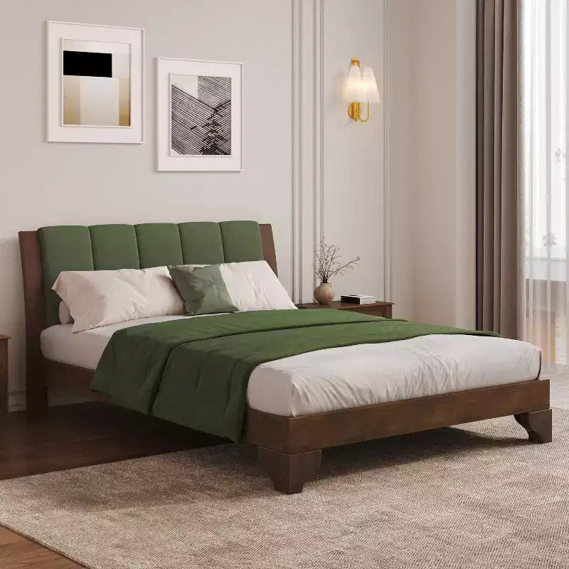 King/Queen Bed Frame with Headboard, Mid Century Modern Platform Bed, Premium Pine Wood Bed Frame - ModernLuxe