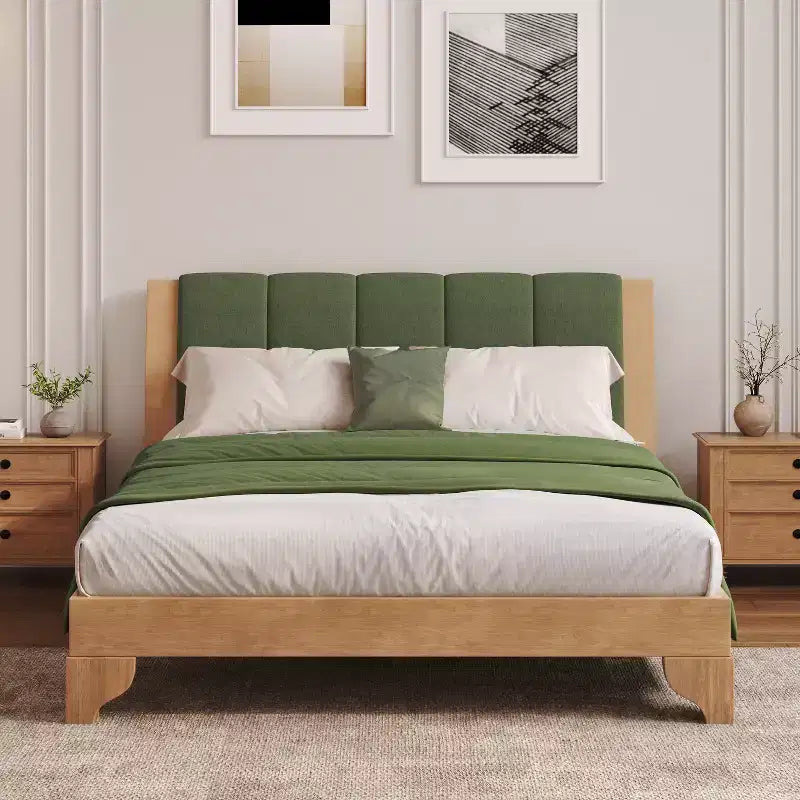 King/Queen Bed Frame with Headboard, Mid Century Modern Platform Bed, Premium Pine Wood Bed Frame - ModernLuxe