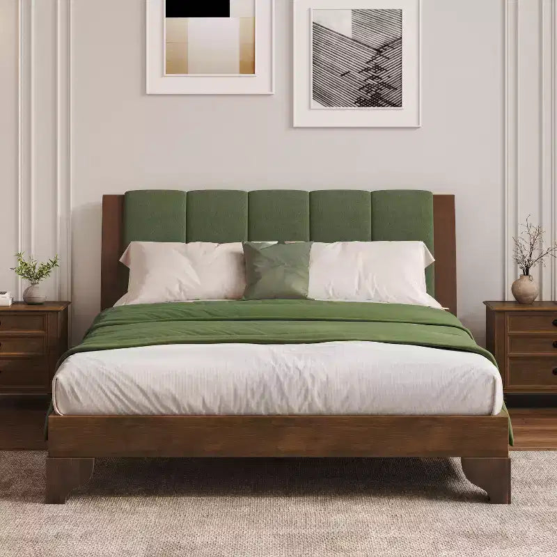 King/Queen Bed Frame with Headboard, Mid Century Modern Platform Bed, Premium Pine Wood Bed Frame - ModernLuxe