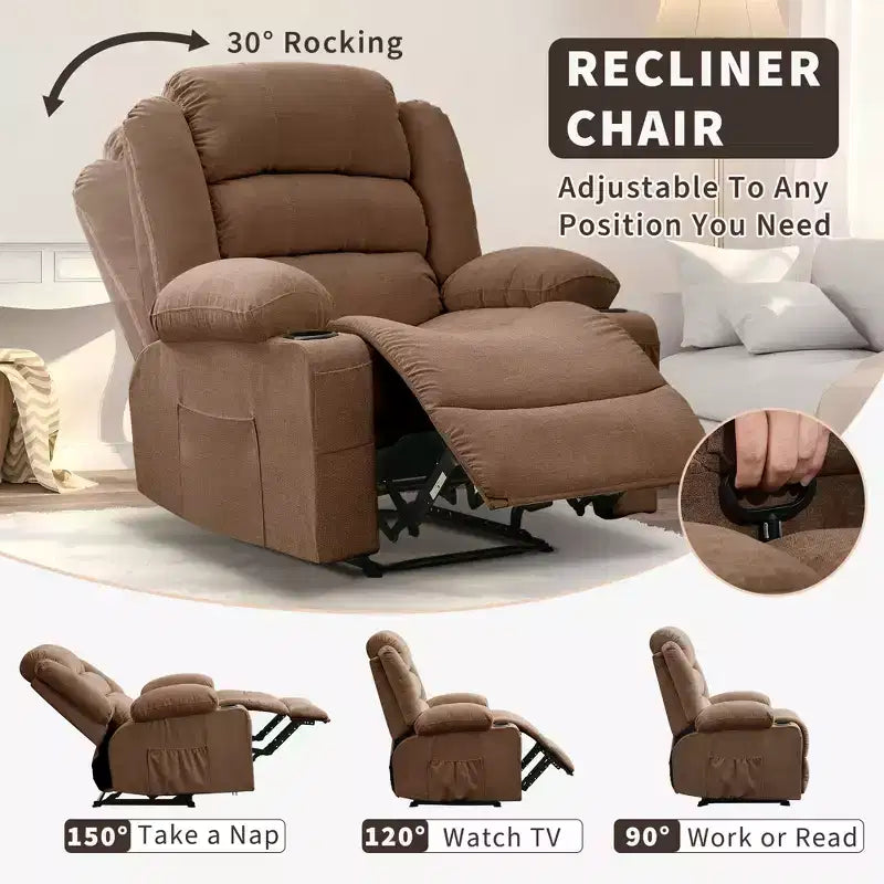 COZONY Wide Rocker Recliner Chair for Adults, Manual Oversized Lounge Chair with Armrest, Backrest, 2 Cup Holders & Side Pocket for Living Room