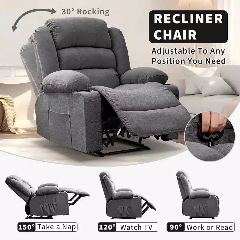 COZONY Wide Rocker Recliner Chair for Adults, Manual Oversized Lounge Chair with Armrest, Backrest, 2 Cup Holders & Side Pocket for Living Room