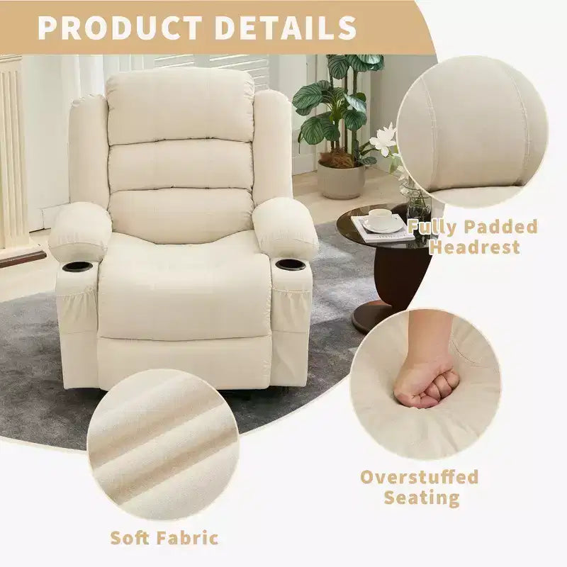 COZONY Wide Rocker Recliner Chair for Adults, Manual Oversized Lounge Chair with Armrest, Backrest, 2 Cup Holders & Side Pocket for Living Room
