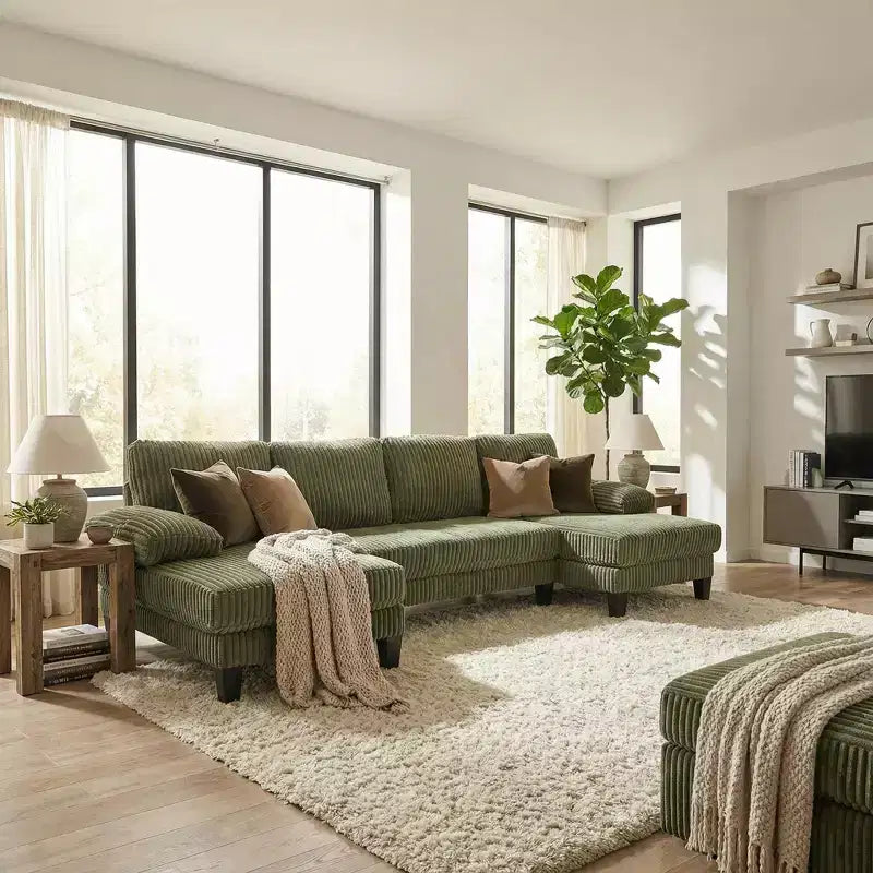Homy Casa U-Shaped Corduroy Sectional Sofa with Double Chaise, 4-Seat Living Room Couch