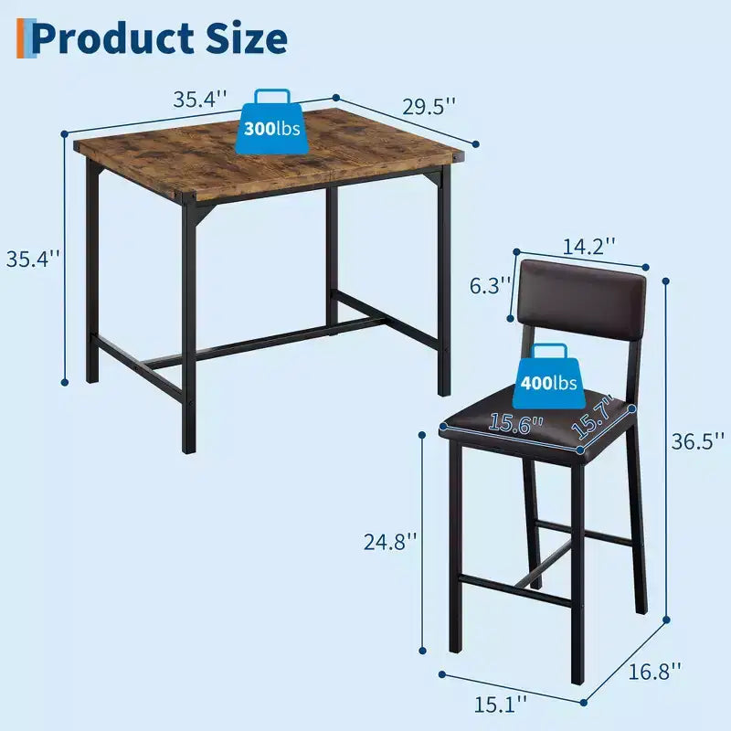 Dining Table Set for 4, 5-Piece Kitchen Table Set, Footrest, Corner Protector, Counter Height Table, 2 Upholstered Bar Stools, for Kitchen