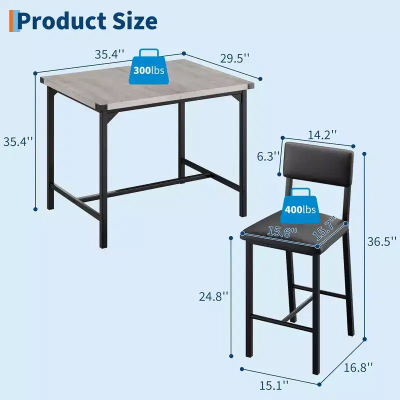 Dining Table Set for 4, 5-Piece Kitchen Table Set, Footrest, Corner Protector, Counter Height Table, 2 Upholstered Bar Stools, for Kitchen