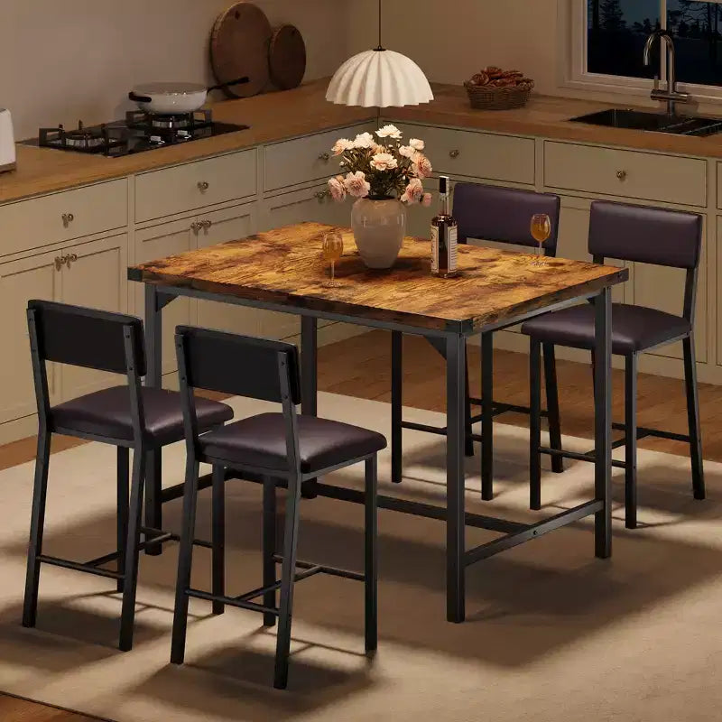 Dining Table Set for 4, 5-Piece Kitchen Table Set, Footrest, Corner Protector, Counter Height Table, 2 Upholstered Bar Stools, for Kitchen