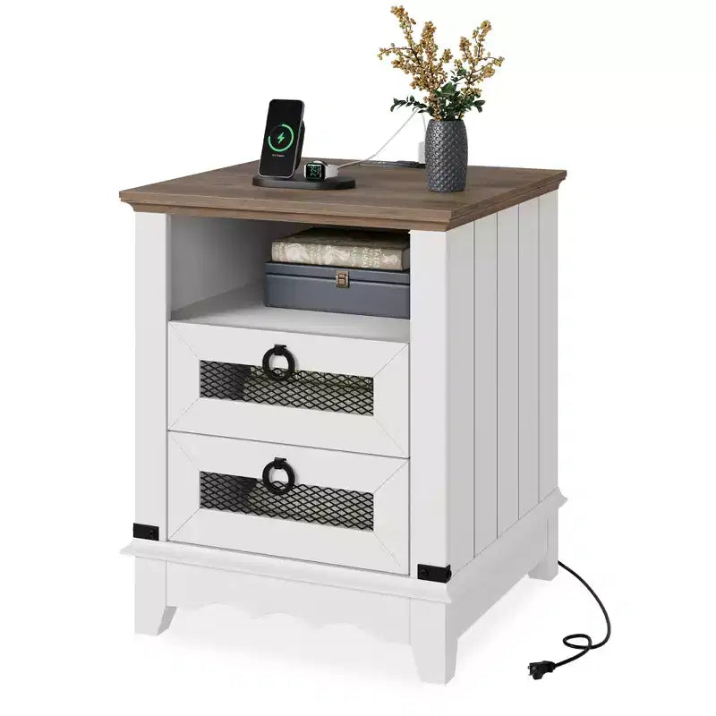 Farmhouse Nightstand , 2 Drawers and Open Storage Shelf, for Bedroom or Living Room