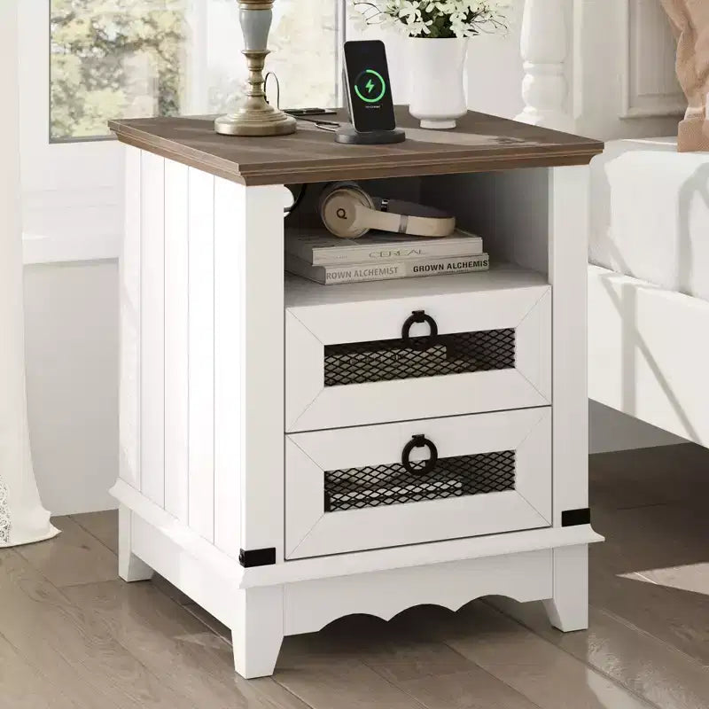 Farmhouse Nightstand , 2 Drawers and Open Storage Shelf, for Bedroom or Living Room