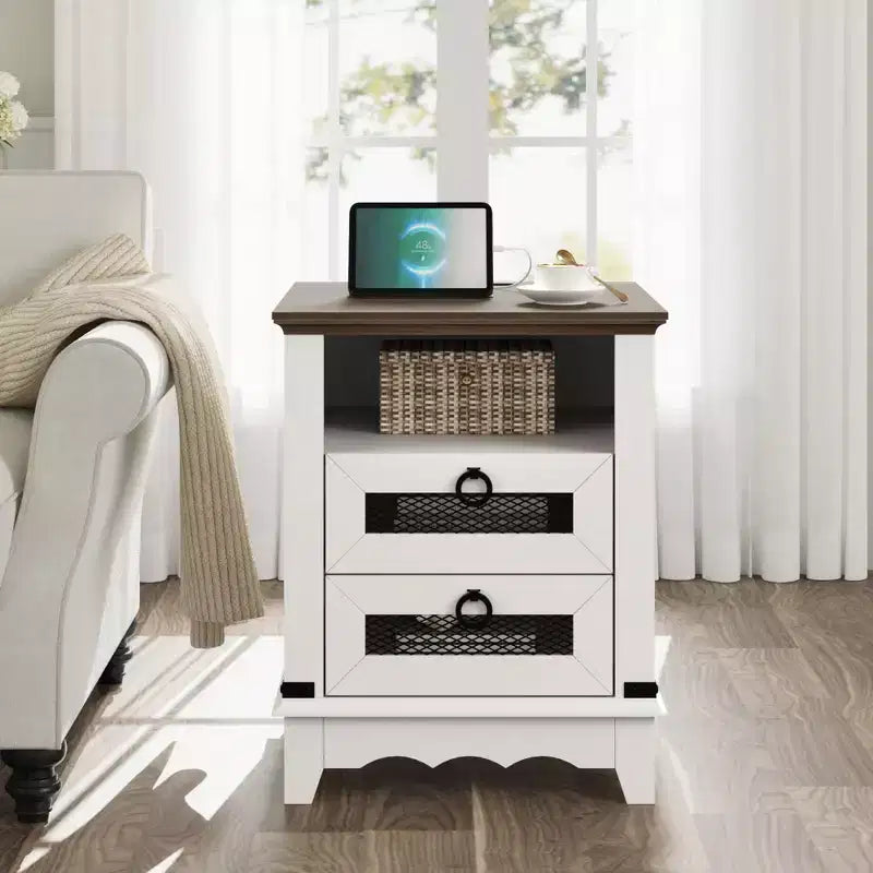 Farmhouse Nightstand , 2 Drawers and Open Storage Shelf, for Bedroom or Living Room