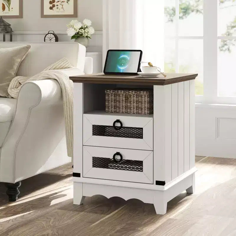 Farmhouse Nightstand , 2 Drawers and Open Storage Shelf, for Bedroom or Living Room