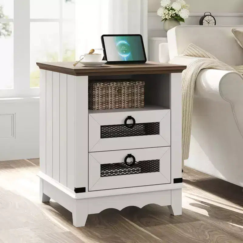 Farmhouse Nightstand , 2 Drawers and Open Storage Shelf, for Bedroom or Living Room