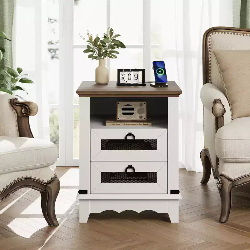 Farmhouse Nightstand , 2 Drawers and Open Storage Shelf, for Bedroom or Living Room
