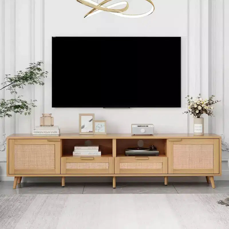 Modern Rattan TV Cabinet with Open Storage Shelves and Sturdy Wood Legs, Home Entertainment Center for Game Rooms, Living Rooms, Bedrooms, Offices