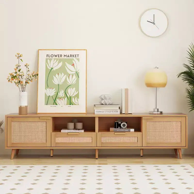 Modern Rattan TV Cabinet with Open Storage Shelves and Sturdy Wood Legs, Home Entertainment Center for Game Rooms, Living Rooms, Bedrooms, Offices