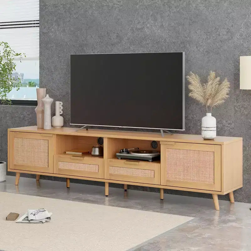 Modern Rattan TV Cabinet with Open Storage Shelves and Sturdy Wood Legs, Home Entertainment Center for Game Rooms, Living Rooms, Bedrooms, Offices