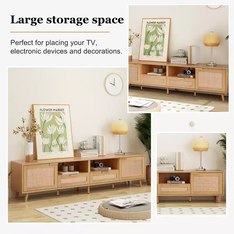 Modern Rattan TV Cabinet with Open Storage Shelves and Sturdy Wood Legs, Home Entertainment Center for Game Rooms, Living Rooms, Bedrooms, Offices
