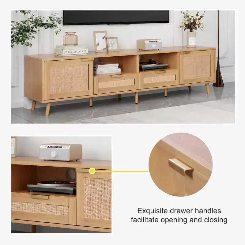 Modern Rattan TV Cabinet with Open Storage Shelves and Sturdy Wood Legs, Home Entertainment Center for Game Rooms, Living Rooms, Bedrooms, Offices