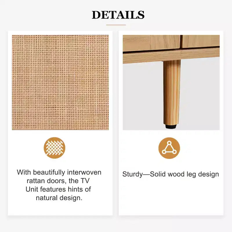 Modern Rattan TV Cabinet with Open Storage Shelves and Sturdy Wood Legs, Home Entertainment Center for Game Rooms, Living Rooms, Bedrooms, Offices