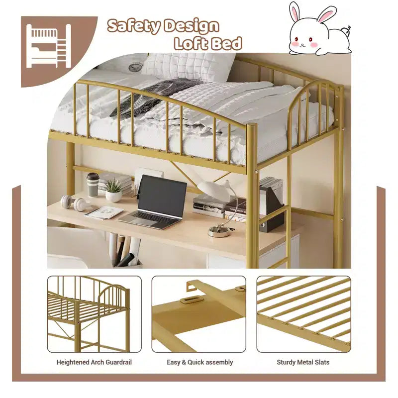 Twin-Size Loft Bed with Heavy-Duty Metal Loft Frame, Arched Guardrails and Safety Ladder, Space-Saving Design, No Mattress Base Required, Noiseless