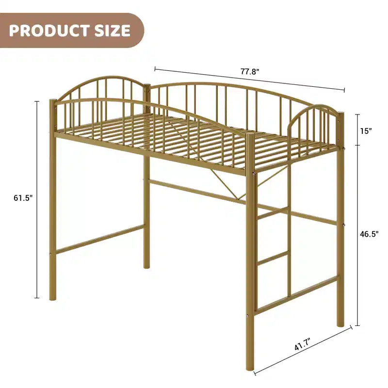 Twin-Size Loft Bed with Heavy-Duty Metal Loft Frame, Arched Guardrails and Safety Ladder, Space-Saving Design, No Mattress Base Required, Noiseless