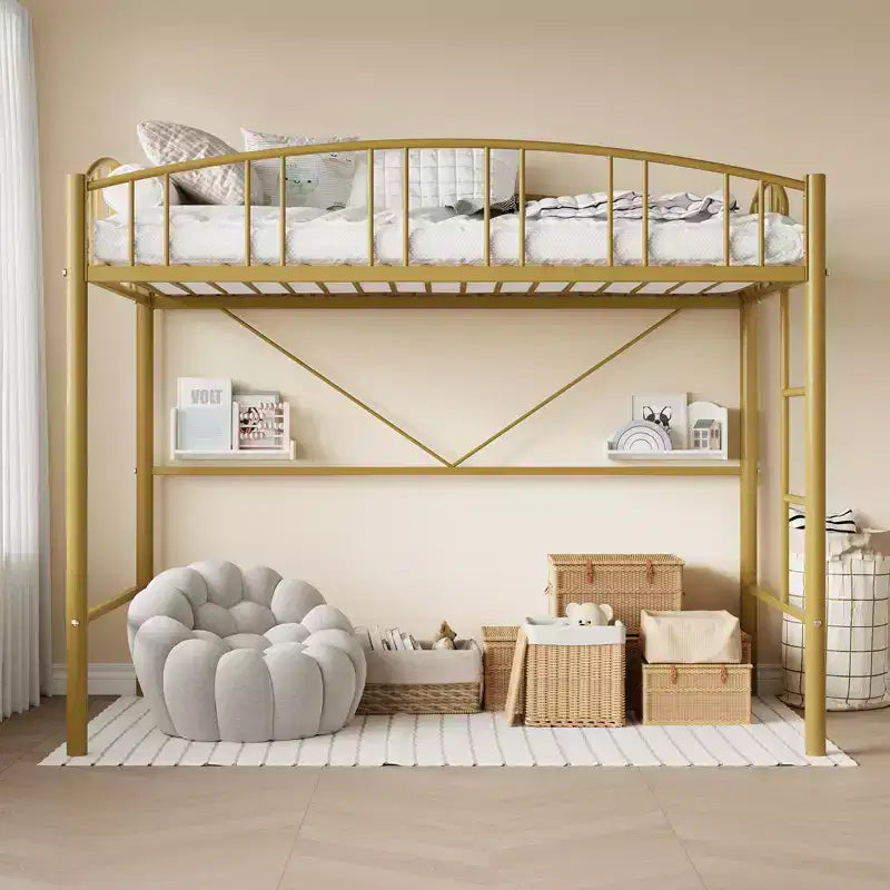 Twin-Size Loft Bed with Heavy-Duty Metal Loft Frame, Arched Guardrails and Safety Ladder, Space-Saving Design, No Mattress Base Required, Noiseless