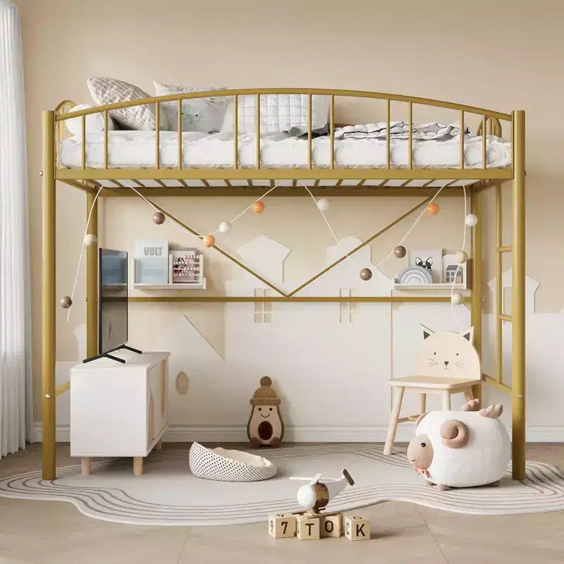 Twin-Size Loft Bed with Heavy-Duty Metal Loft Frame, Arched Guardrails and Safety Ladder, Space-Saving Design, No Mattress Base Required, Noiseless