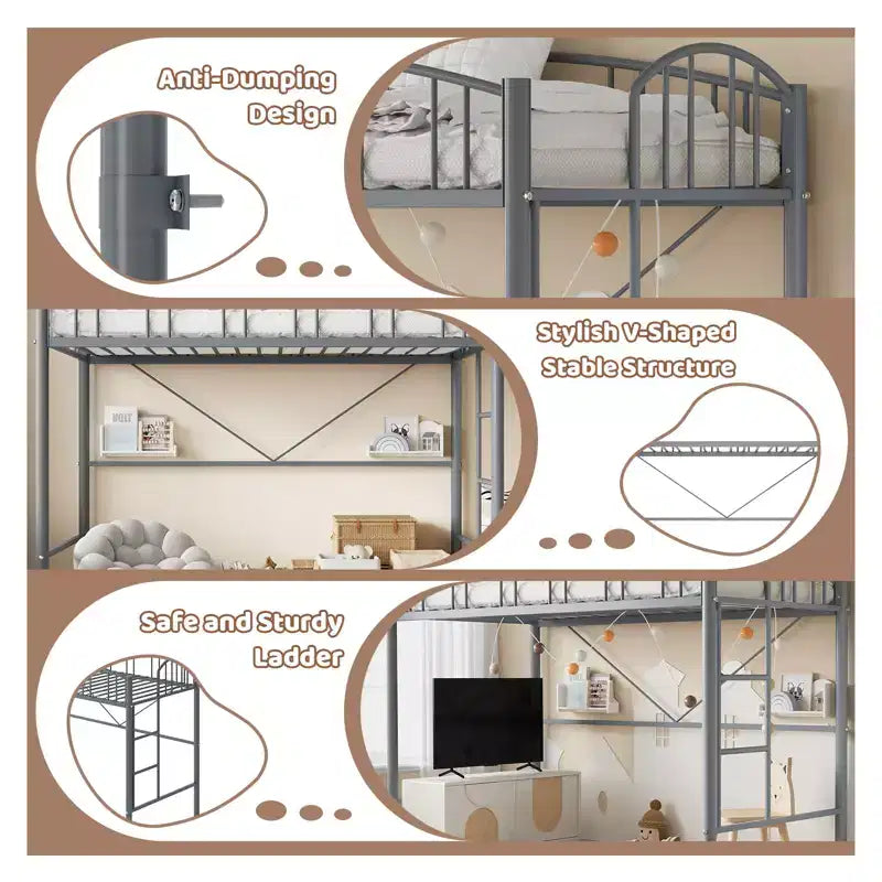 Twin-Size Loft Bed with Heavy-Duty Metal Loft Frame, Arched Guardrails and Safety Ladder, Space-Saving Design, No Mattress Base Required, Noiseless