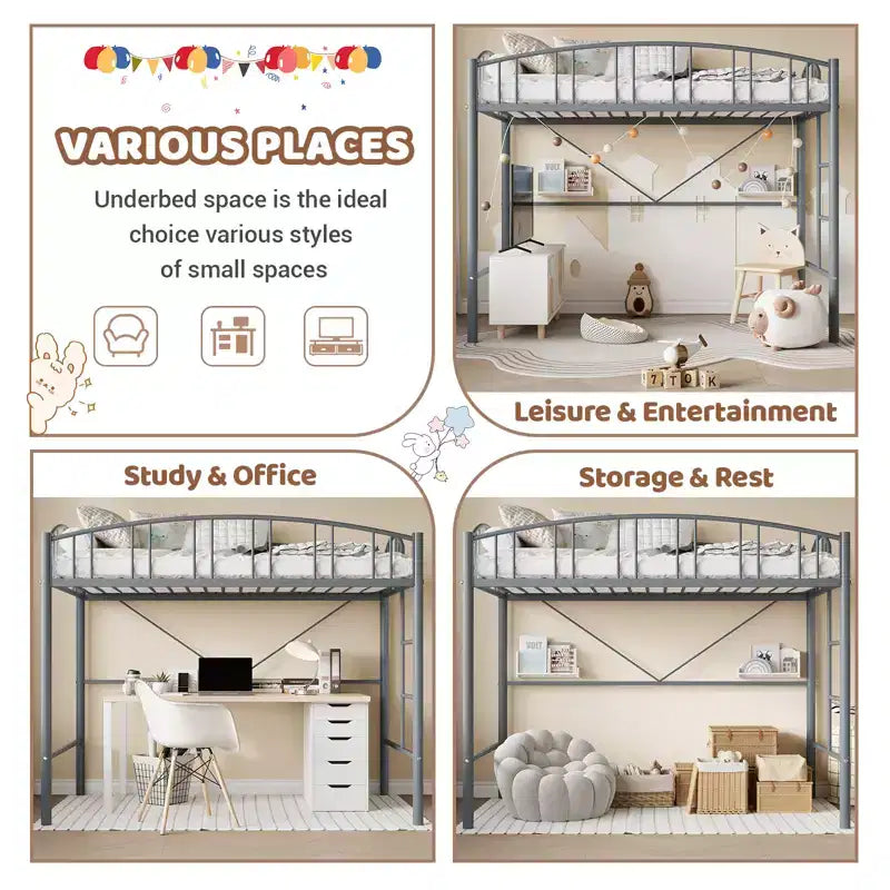 Twin-Size Loft Bed with Heavy-Duty Metal Loft Frame, Arched Guardrails and Safety Ladder, Space-Saving Design, No Mattress Base Required, Noiseless