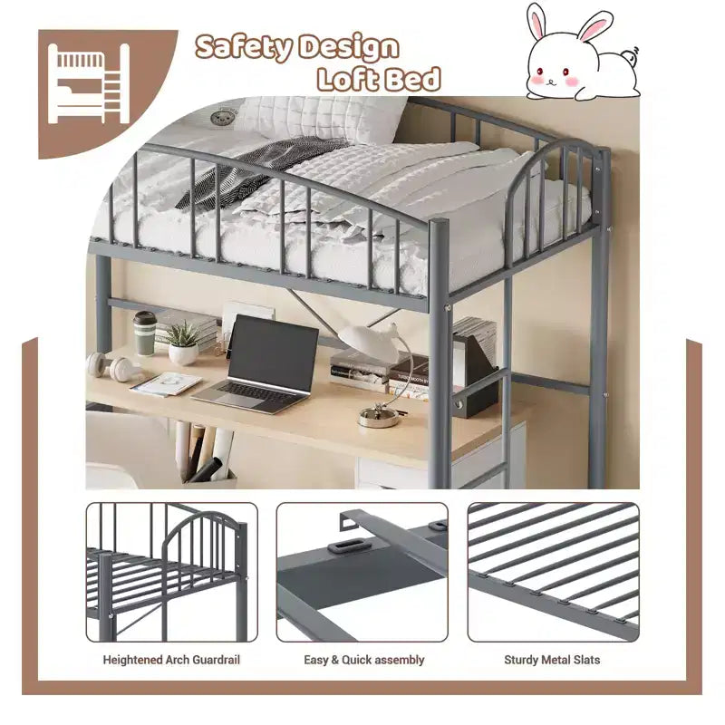 Twin-Size Loft Bed with Heavy-Duty Metal Loft Frame, Arched Guardrails and Safety Ladder, Space-Saving Design, No Mattress Base Required, Noiseless