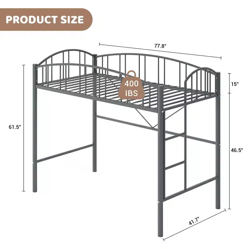 Twin-Size Loft Bed with Heavy-Duty Metal Loft Frame, Arched Guardrails and Safety Ladder, Space-Saving Design, No Mattress Base Required, Noiseless