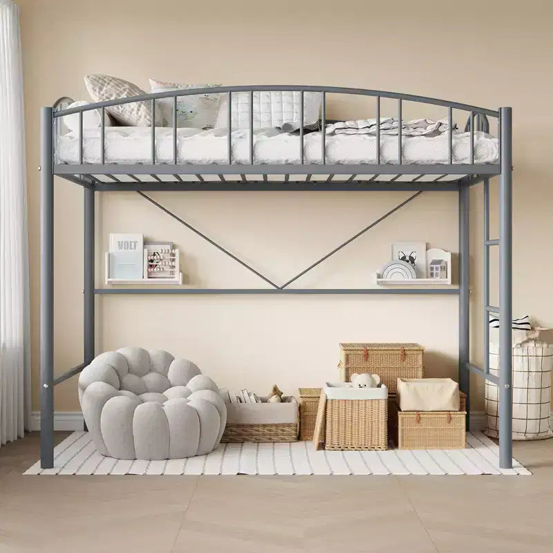 Twin-Size Loft Bed with Heavy-Duty Metal Loft Frame, Arched Guardrails and Safety Ladder, Space-Saving Design, No Mattress Base Required, Noiseless