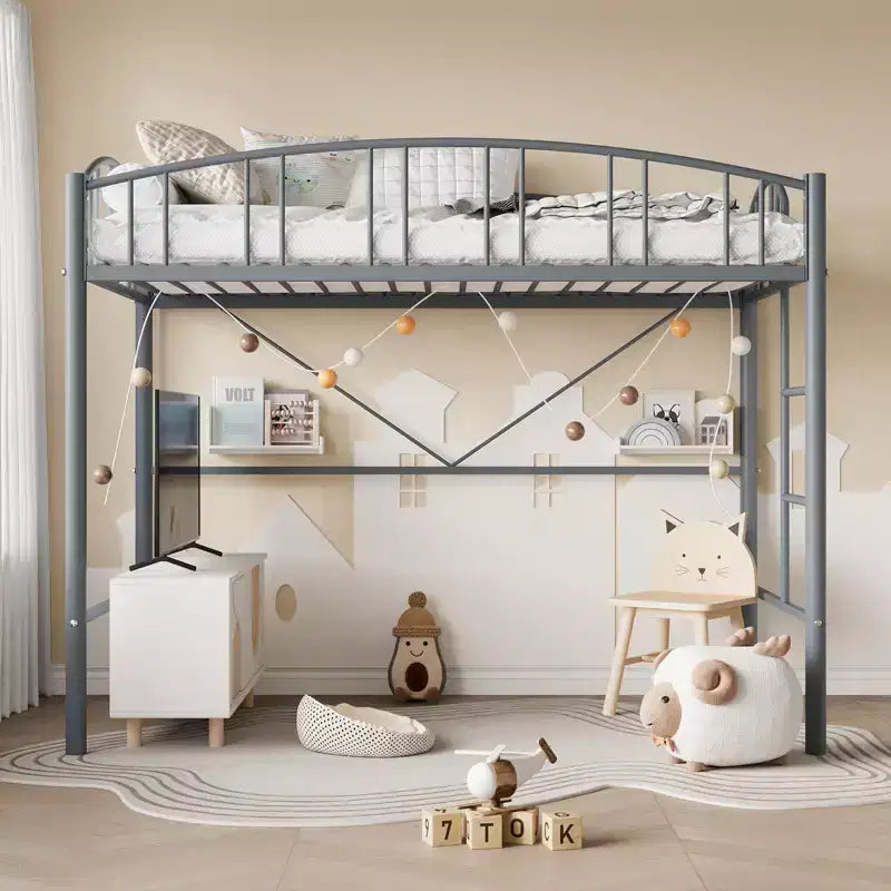 Twin-Size Loft Bed with Heavy-Duty Metal Loft Frame, Arched Guardrails and Safety Ladder, Space-Saving Design, No Mattress Base Required, Noiseless