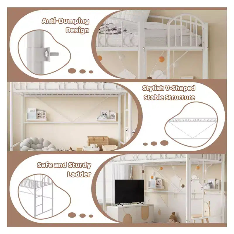Twin-Size Loft Bed with Heavy-Duty Metal Loft Frame, Arched Guardrails and Safety Ladder, Space-Saving Design, No Mattress Base Required, Noiseless