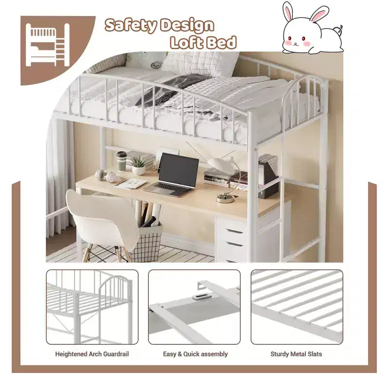 Twin-Size Loft Bed with Heavy-Duty Metal Loft Frame, Arched Guardrails and Safety Ladder, Space-Saving Design, No Mattress Base Required, Noiseless