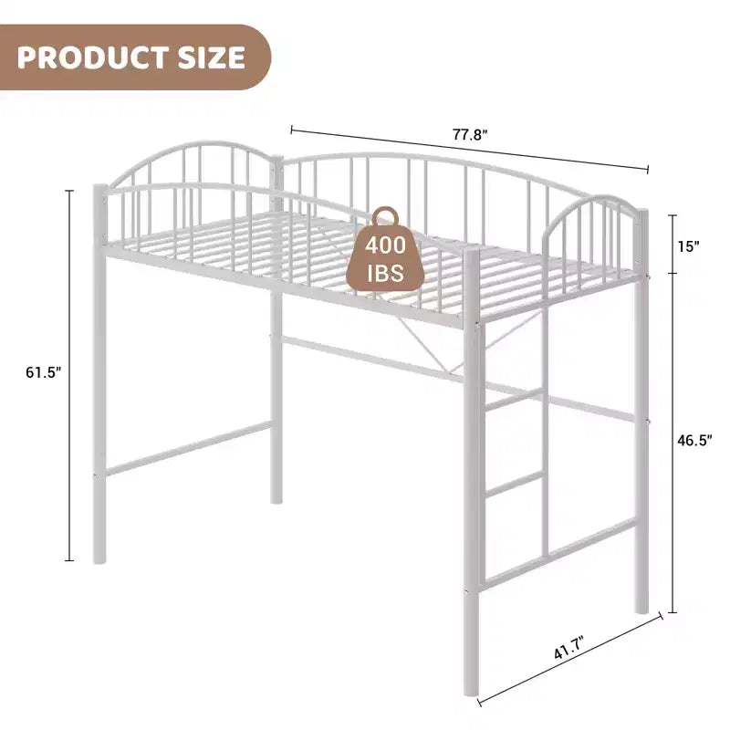Twin-Size Loft Bed with Heavy-Duty Metal Loft Frame, Arched Guardrails and Safety Ladder, Space-Saving Design, No Mattress Base Required, Noiseless