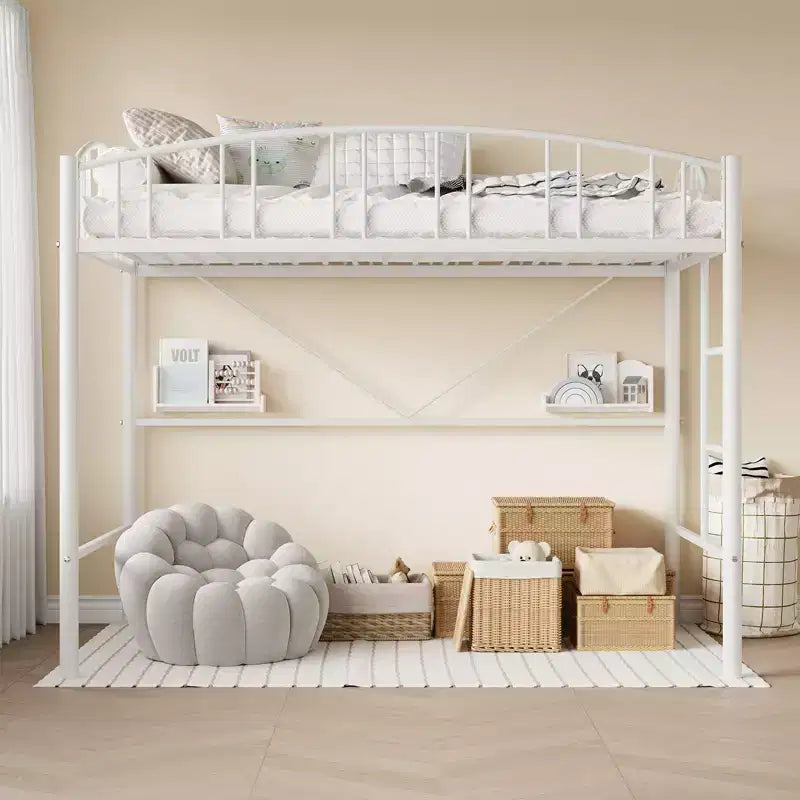 Twin-Size Loft Bed with Heavy-Duty Metal Loft Frame, Arched Guardrails and Safety Ladder, Space-Saving Design, No Mattress Base Required, Noiseless