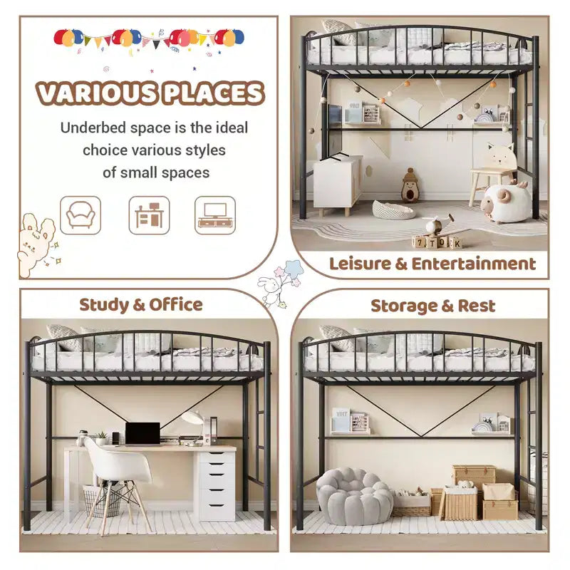 Twin-Size Loft Bed with Heavy-Duty Metal Loft Frame, Arched Guardrails and Safety Ladder, Space-Saving Design, No Mattress Base Required, Noiseless