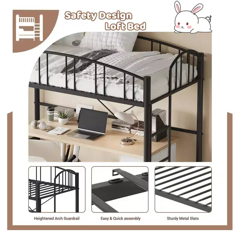 Twin-Size Loft Bed with Heavy-Duty Metal Loft Frame, Arched Guardrails and Safety Ladder, Space-Saving Design, No Mattress Base Required, Noiseless
