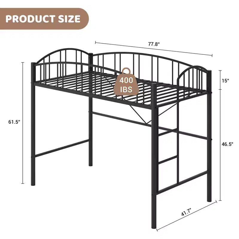 Twin-Size Loft Bed with Heavy-Duty Metal Loft Frame, Arched Guardrails and Safety Ladder, Space-Saving Design, No Mattress Base Required, Noiseless