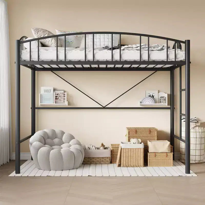 Twin-Size Loft Bed with Heavy-Duty Metal Loft Frame, Arched Guardrails and Safety Ladder, Space-Saving Design, No Mattress Base Required, Noiseless