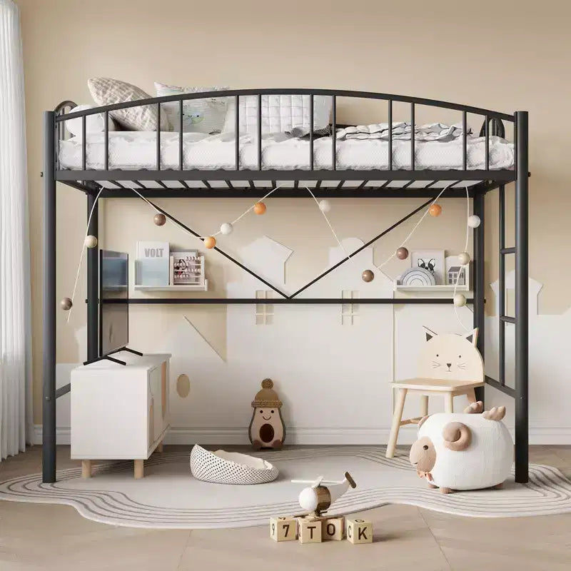 Twin-Size Loft Bed with Heavy-Duty Metal Loft Frame, Arched Guardrails and Safety Ladder, Space-Saving Design, No Mattress Base Required, Noiseless