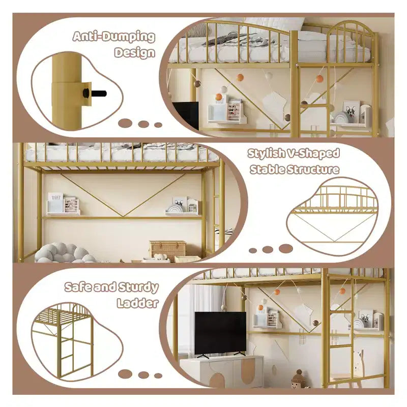 Twin-Size Loft Bed with Heavy-Duty Metal Loft Frame, Arched Guardrails and Safety Ladder, Space-Saving Design, No Mattress Base Required, Noiseless