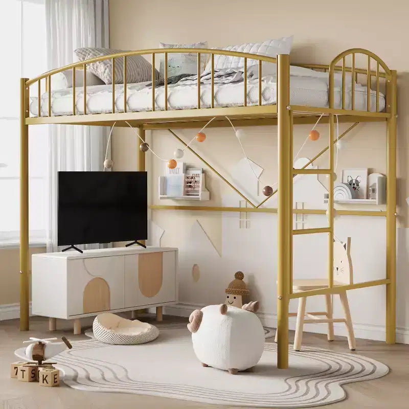 Twin-Size Loft Bed with Heavy-Duty Metal Loft Frame, Arched Guardrails and Safety Ladder, Space-Saving Design, No Mattress Base Required, Noiseless